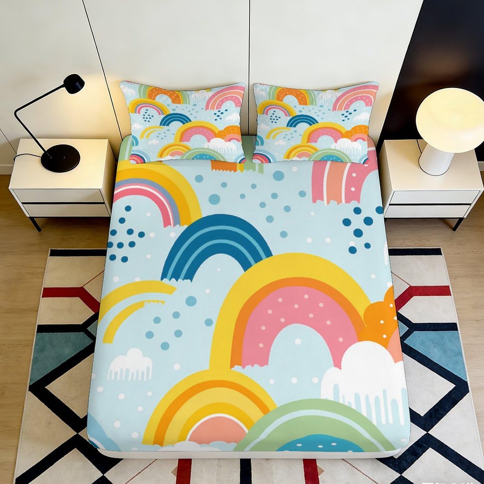 3D Printed Rainbow Cloud Fitted Sheet Microfiber Soft Pastel Mattress Cover for Bedroom Dorm Room Decor Easy Care 90x200x25cm