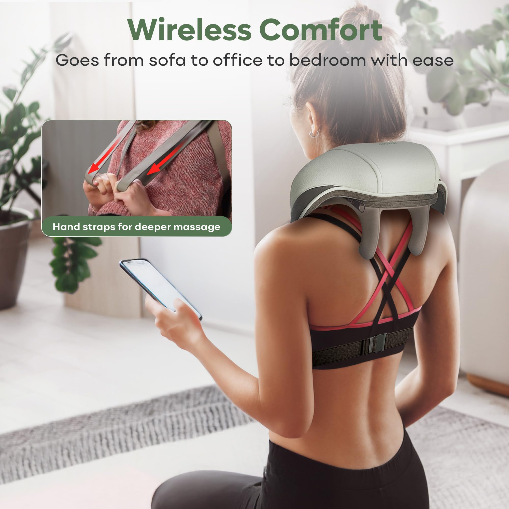 Adomii - Masajeador portátil inalámbrico de cuello y hombros con masaje Shiatsu profundo 4D, control de calor, ideal para aliviar el dolor muscular y relajación, ajuste personalizado,