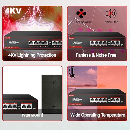 Miniatura 6 de ienRon Interruptor PoE de 6 puertos, conmutador PoE Gigabit de 4 puertos con 2 puertos Gigabit de enlace ascendente, Plug and Play con detección de