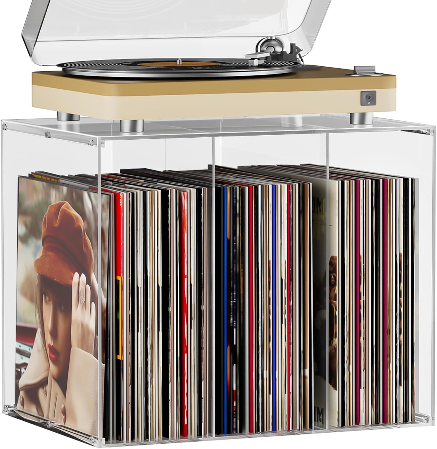 Bikoney Vinyl Record Storage, Crystal Clear Acrylic LP Holder, Stackable Album Crate Bin for 50+ Records, Modern Desktop Vinyl Display Stand for 12" LPs and 7" Singles