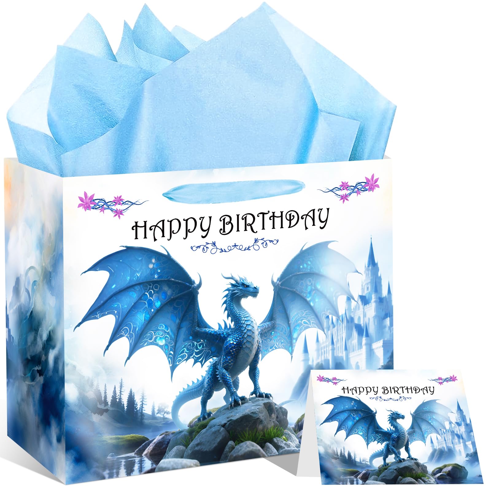 Dragon Birthday Gift Bag with Wrapping Paper Card Dragon Birthday Gift Wrap Bag for Girls Boys Party Decorations Party Supplies