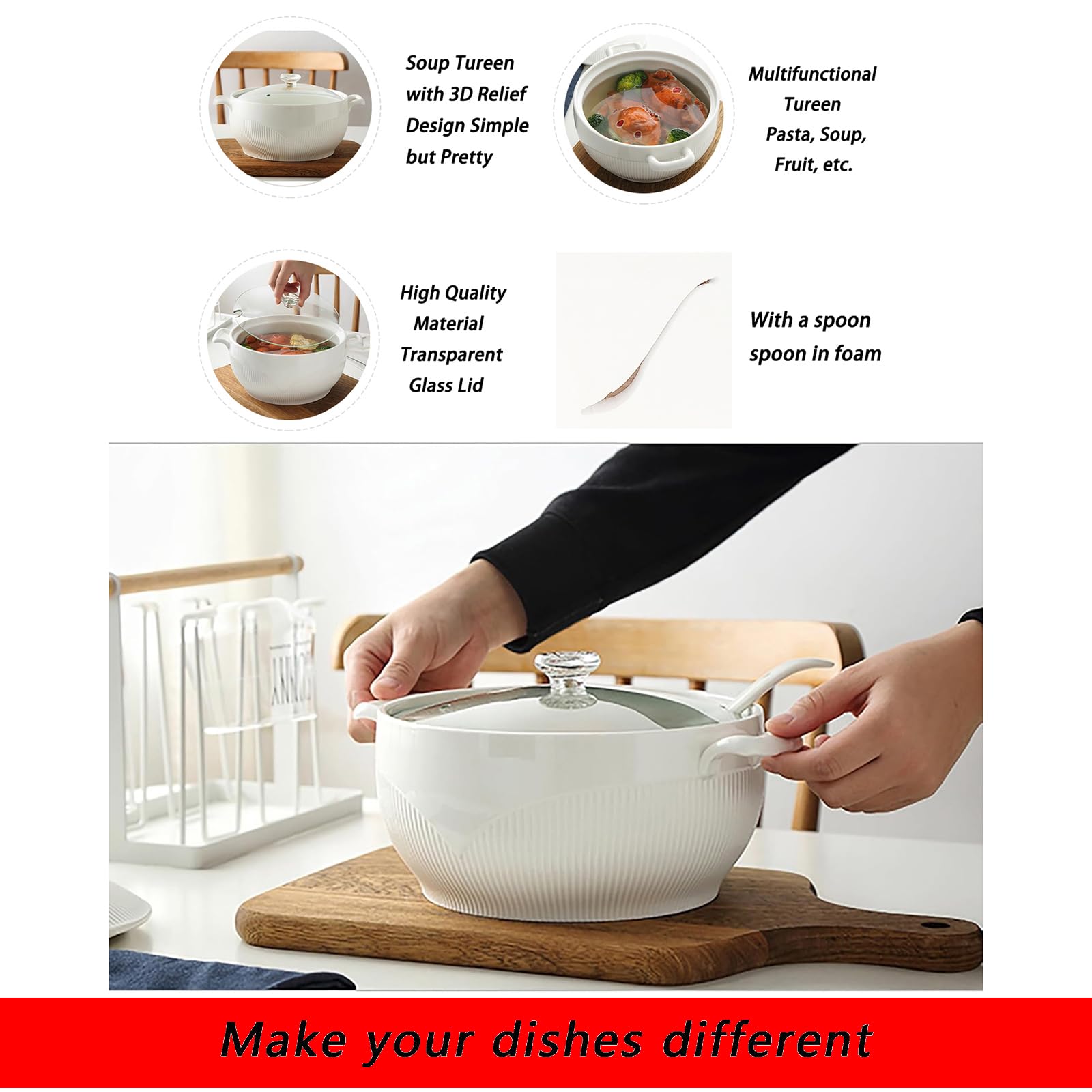 Porzellan Suppe Schüssel Suppe Tureen mit Glasdeckel und Löffel für Küche Tisch servieren (3L)