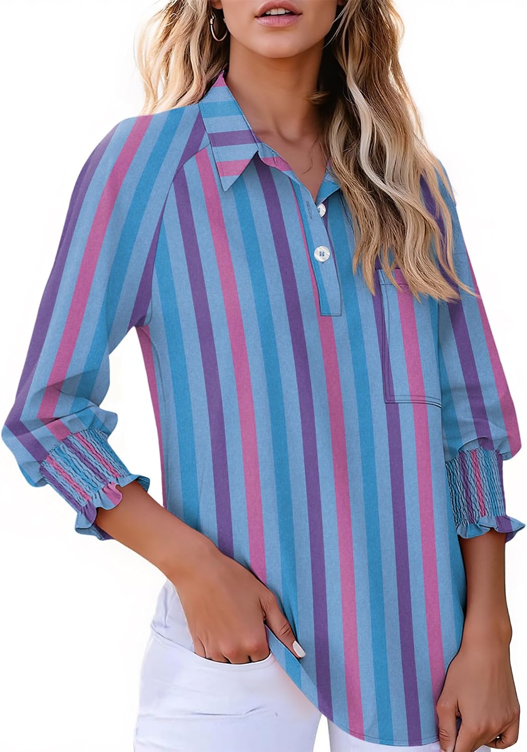 Kistore Women Blouses 3/4 Sleeve Button Down Shirts Smocked Cuffed Business Dressy Casual Tops with Pocket S-XXL