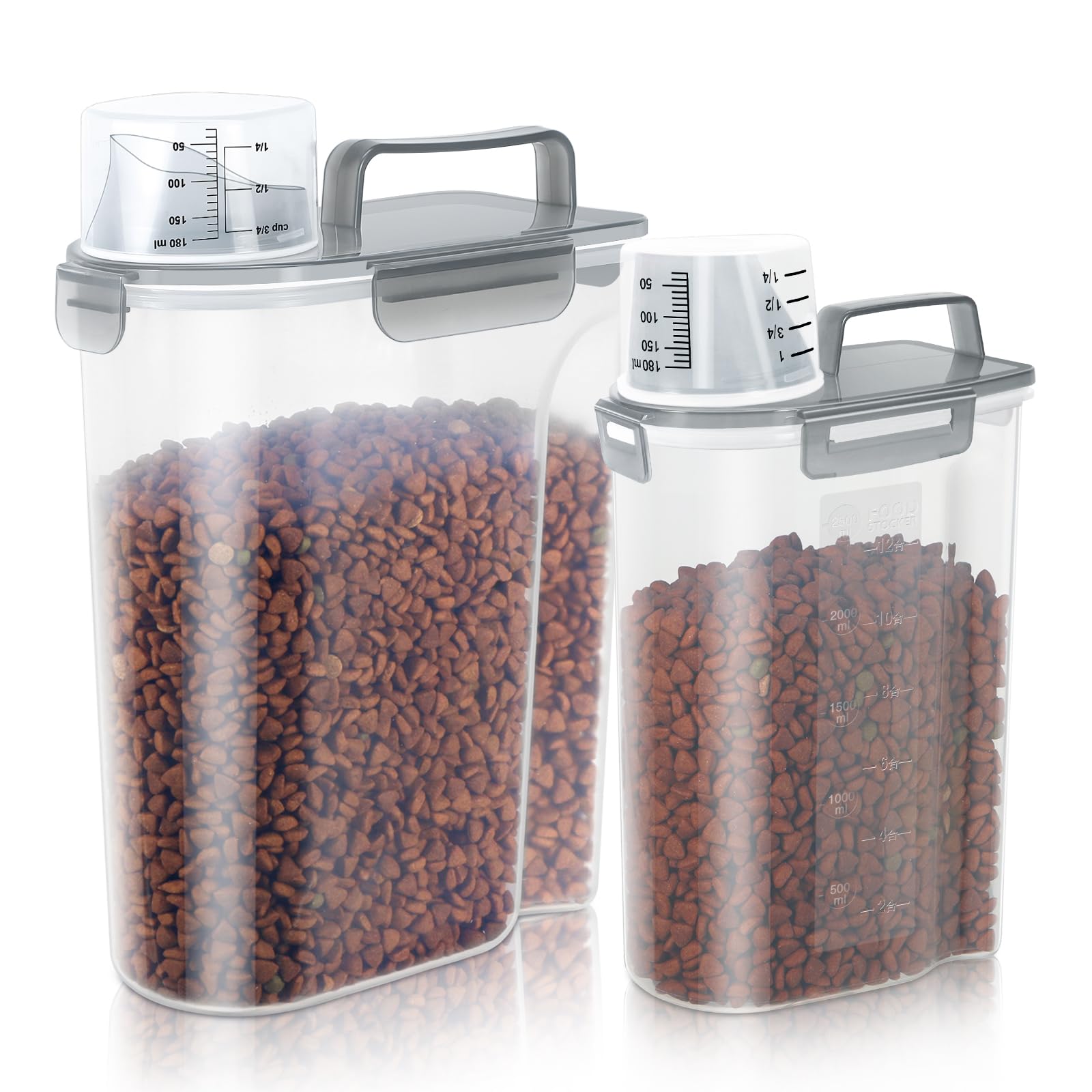 LEAWALK 3+5Lbs Airtight Dog Cat Pet Food Storage Container (Clear Grey)