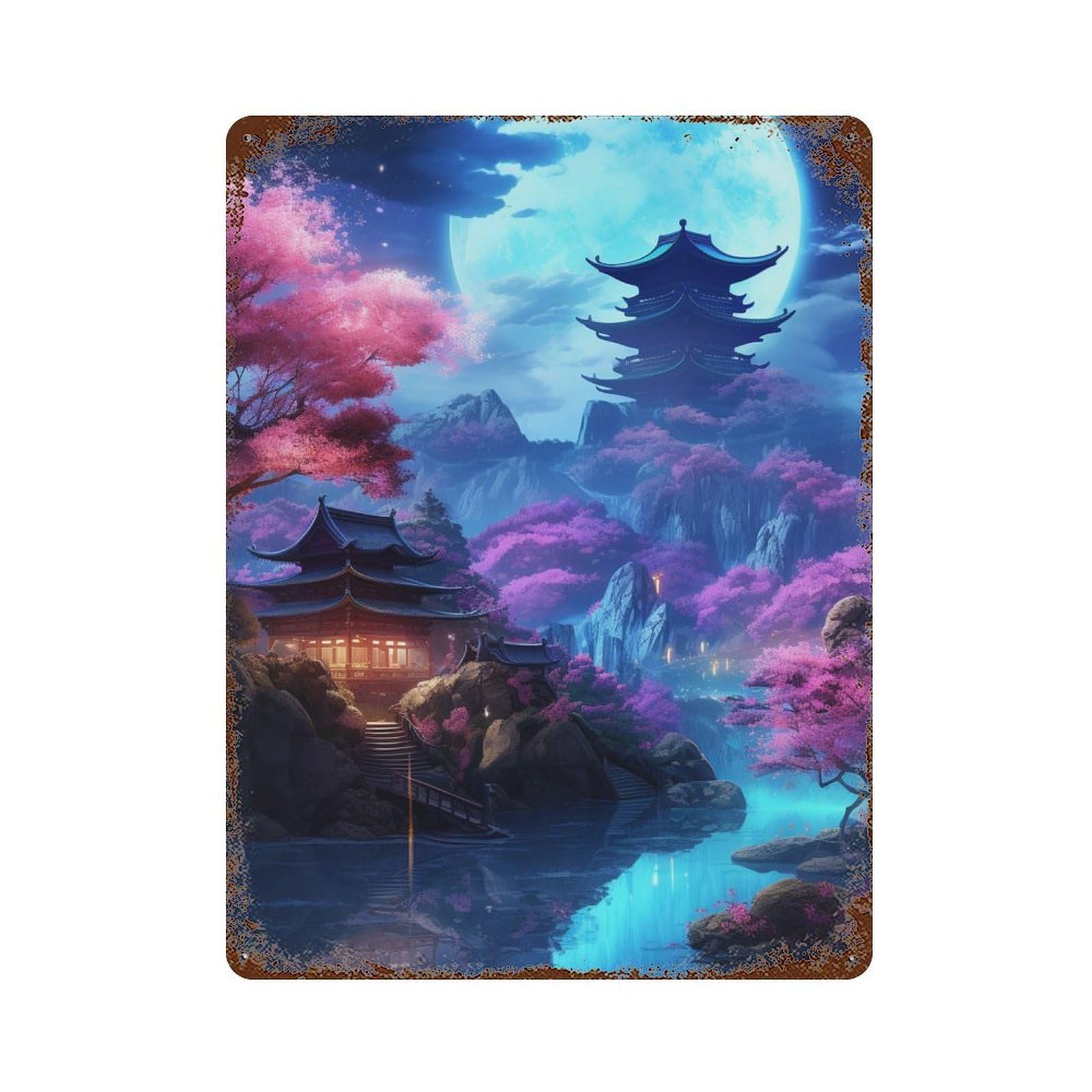 Cherry Blossom Moonlit Pagoda -3 Rust Effect Tin Sign 15.7"x11.8", Decorative Metal Wall Art for Living Room, Hallway And Home Decor