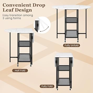 GOFLAME Folding Dining Table, Mobile Round Extendable Kitchen Table with 2-Tier Storage Shelves, 2 Lockable Wheels, Space Saving Collapsible Drop Leaf Dinner Table for Dining Room, Small Space, White