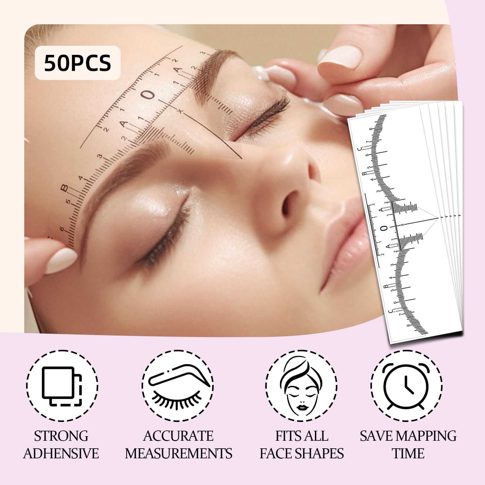 Kit de cartographie des sourcils - 10 m - Noir blanc et rose - 50 autocollants pour règle à sourcils, correcteur de sourcils blanc, 2 pinceaux à sourcils, crayon à sourcils et taille-rasoir