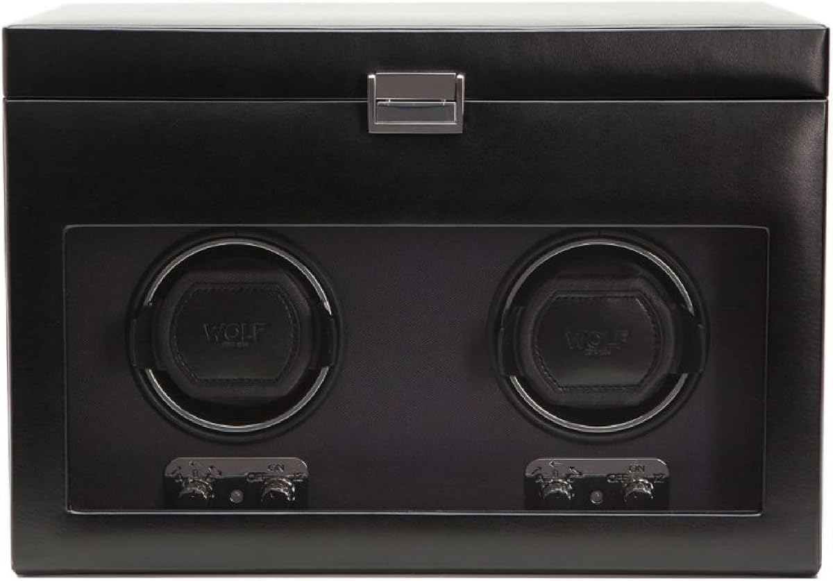 Wolf Heritage Double Winder with Storage, Black - Secure Fit with Patented Lock-in Dynamic Cuff - for Bigger, Heavier Watches - Vegan Leather & Glass Cover - Includes Universal Adapter