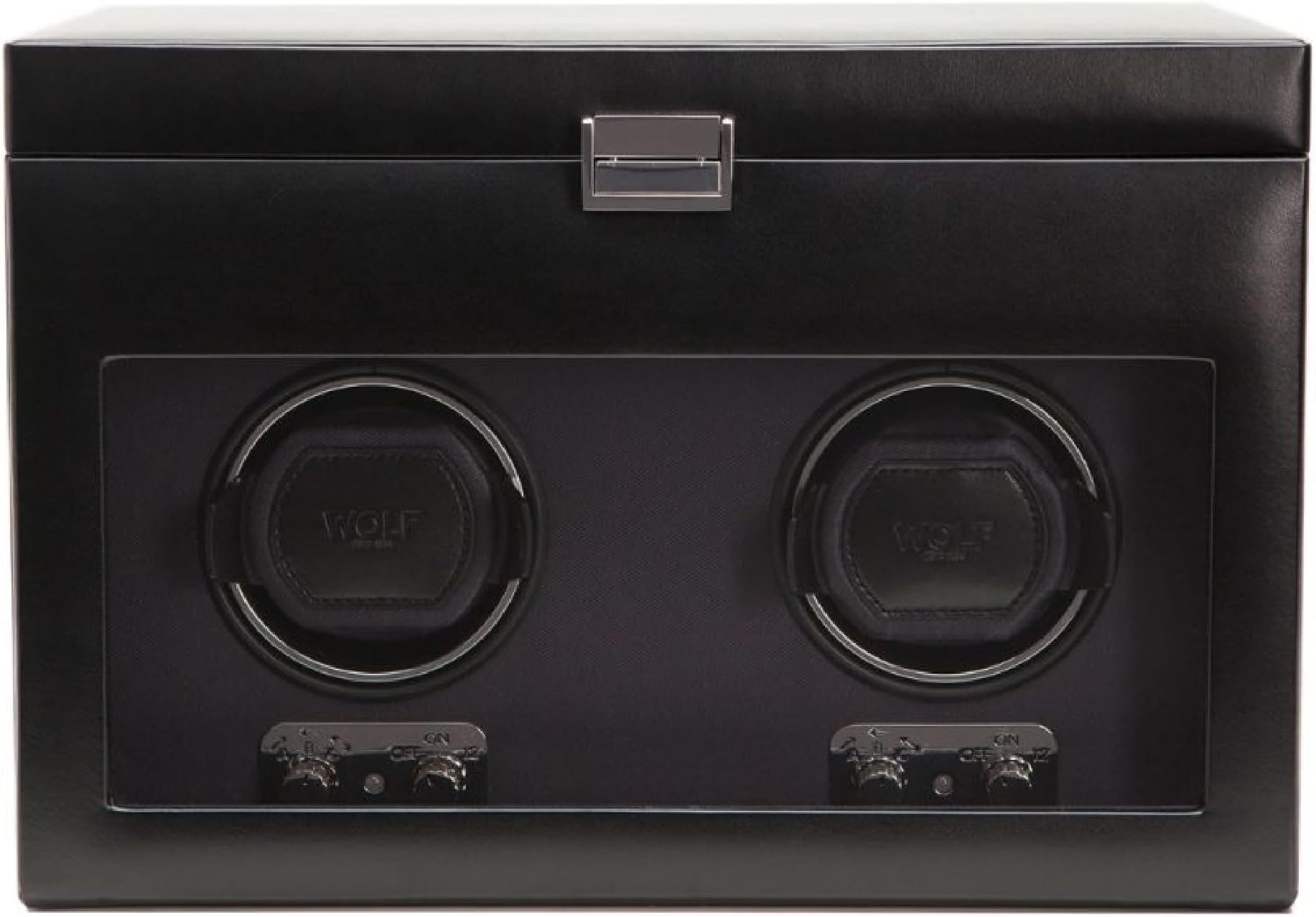 Wolf Heritage Double Winder with Storage, Black - Secure Fit with Patented Lock-in Dynamic Cuff - for Bigger, Heavier Watches - Vegan Leather & Glass Cover - Includes Universal Adapter