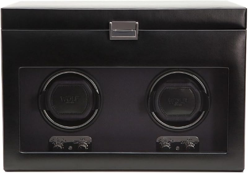 Wolf Heritage Double Winder with Storage, Black - Secure Fit with Patented Lock-in Dynamic Cuff - for Bigger, Heavier Watches - Vegan Leather & Glass Cover - Includes Universal Adapter