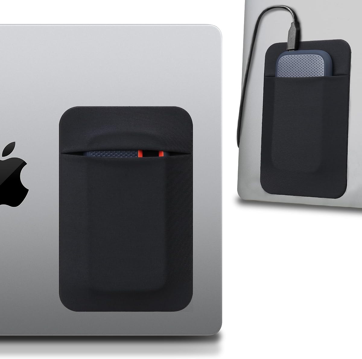 Lacdo Portable Hard Drive Sleeve for Laptop, Stick on Pouch with Reusable Adhesive, for SanDisk, Samsung, Crucial, Portable External Solid State Drive SSD Hard Drive Carrying Case Closed Pocket, Black