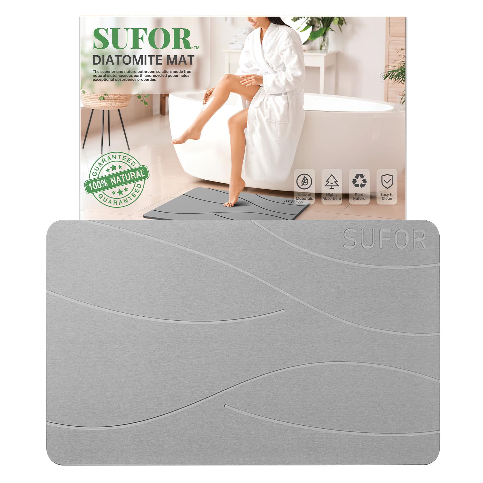 SUFOR 32"x20" Stone Bath Mat, Diatomaceous Earth Shower Mat, Non-Slip Super Absorbent Quick Drying Bathroom Floor Mat, Natural, Easy to Clean (Cloudy Gray)