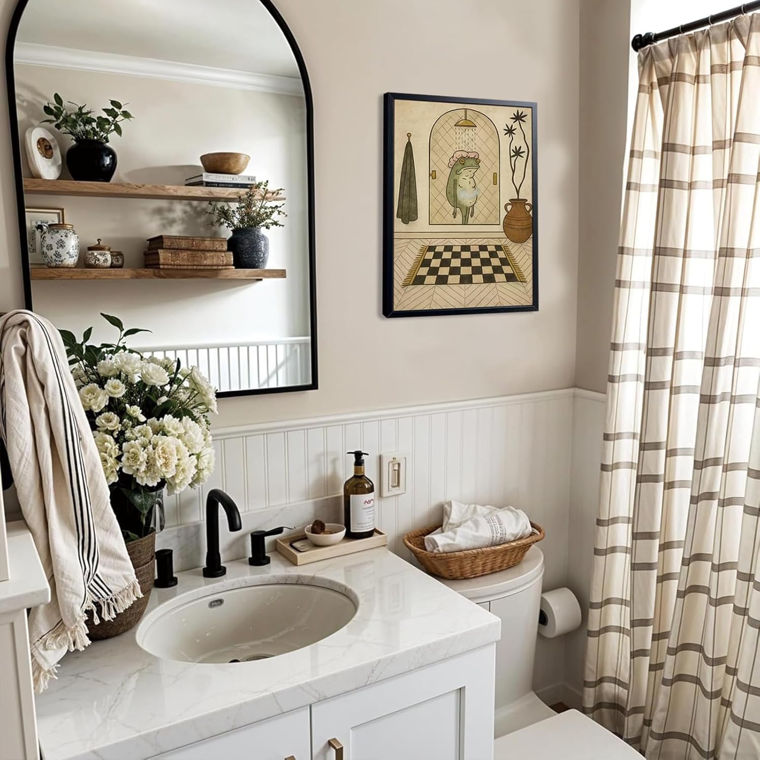 Funny Frog Bathroom Wall Art, Cute Frog Picture Wall Decor, Bathroom Animal Canvas Print Painting for Home Dorm Apartment Toilet Decor 16x24 Inch Framed