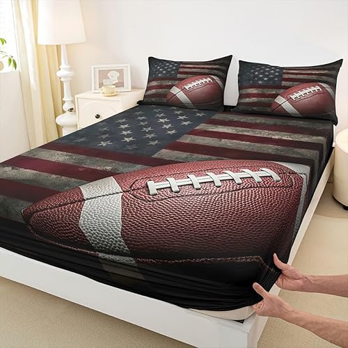Erosebridal Sábana bajera ajustable con la bandera estadounidense, sábanas de fútbol para niños, juego de ropa de cama de fútbol individual, juego