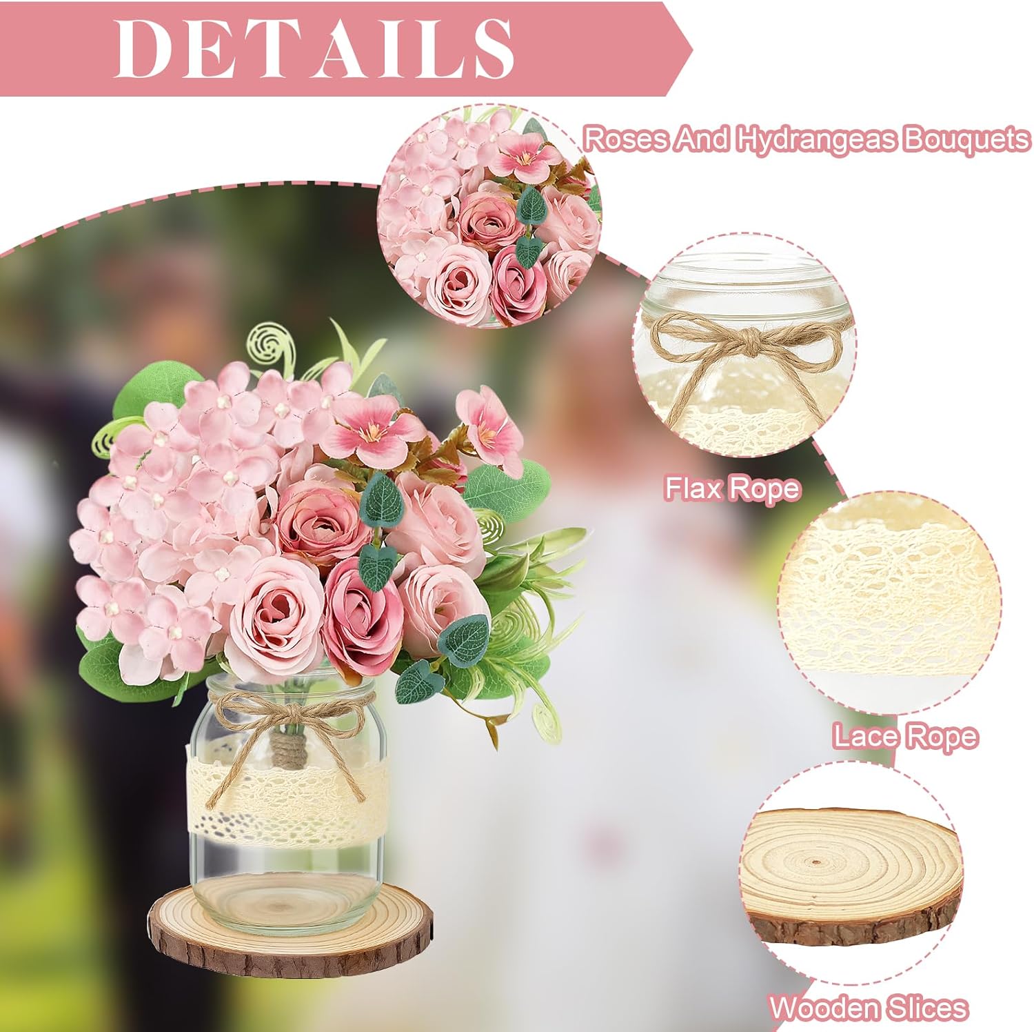 Set 10 Mason Jar Table Centerpiece - Wedding Centerpieces for Tables, Mason Jar Flower Centerpiece Vases Decor- Boho Farmhouse Rustic for Engagement, Bridal Shower, Wedding, Versatile Decor (Pink) - Image 3