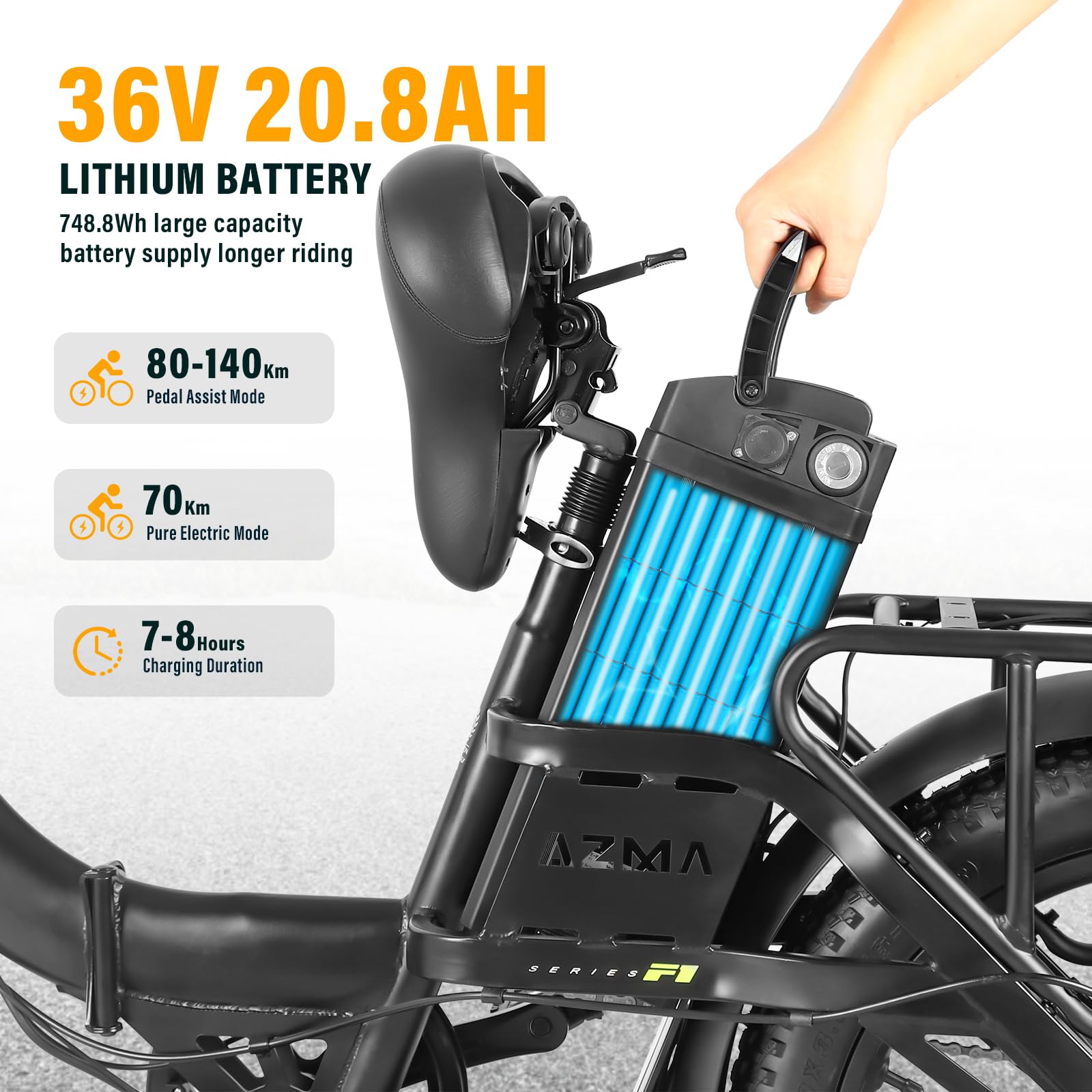 AZMA F1 Bici Eléctrica Plegable, 36V20.8AH(748.8WH) Batería Extraíble,Bicicleta Eléctrica para Adultos con Alcance 150KM, 20“ * 3.0” Fat Tyre E-Bike para Viajeros Urbanos