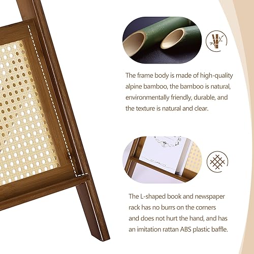 Miniatura 4 de WOOW DEPOT Mesa auxiliar de ratán en forma de Z única con revistero, mesa auxiliar de madera con parte superior de cristal, mesita de noche bohemia