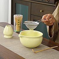 Vista 7 de Juego tradicional de ceremonia de té matcha, kit de 5 piezas con batidor de bambú, cuenco de cerámica, soporte, cuchara y colador, verde claro