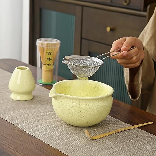 Miniatura 7 de Juego tradicional de ceremonia de té matcha, kit de 5 piezas con batidor de bambú, cuenco de cerámica, soporte, cuchara y colador, verde claro