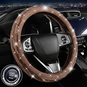 Bling Rhinestone Steering Wheel Cover, Velvet 15 Inch Car ProtectorBrown | Soft plush grip, sparkling crystal-look gems, secure rubber lining, easy stretch installation, universal 38cm fit
