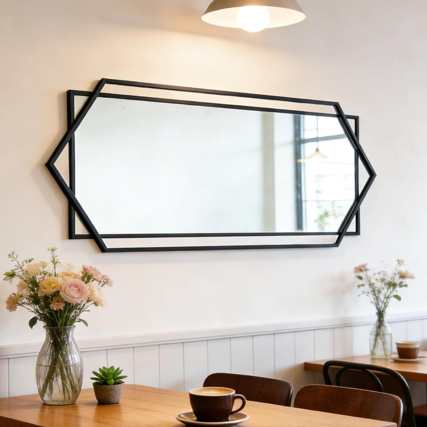 28"x 55" Decorative Mirror for Living Room with Hexagon and Rectangular Metal Frame, Entryway Mirror for Wall Decor, Vertical or Horizontal Hanging, Black