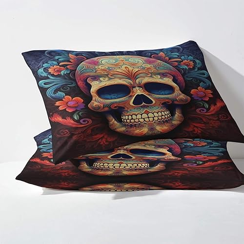 Miniatura 3 de Day of The Dead - Juego de sábanas de tamaño matrimonial, sábanas con patrón de calavera mexicana, sábanas y fundas de almohada de 4 piezas, sábana