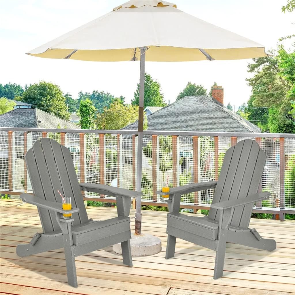 4 Piece Patio Folding Chairs Cup Holder Yard Grey