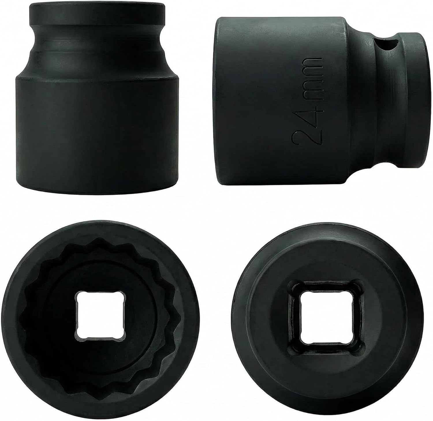 12-Point Impact Socket 1/2” Drive 24mm, Cr-V High Torque Anti-Slip Design, Black Oxide Shallow Socket for Impact Wrench, Auto & Mechanical Repair (24mm)