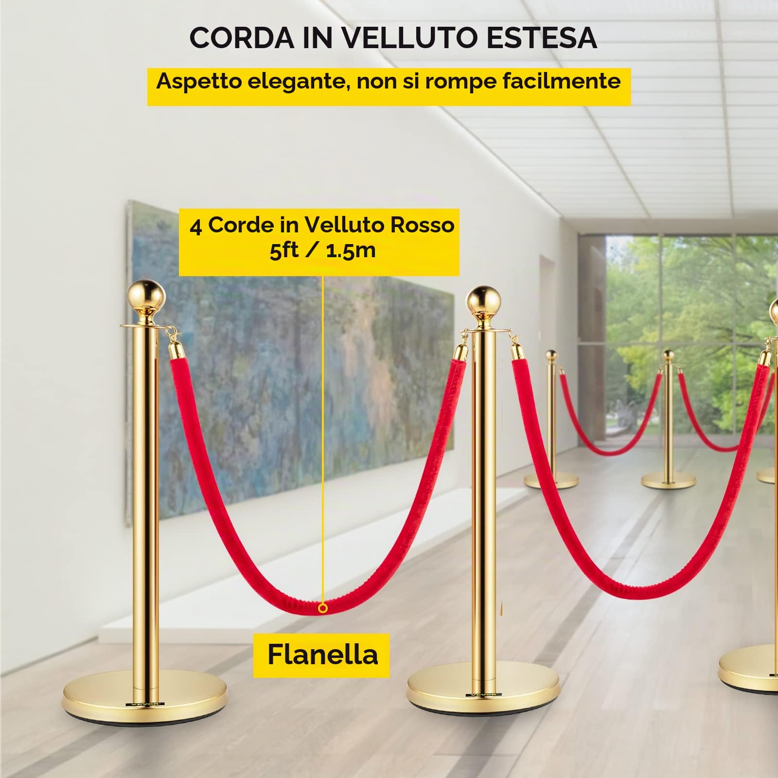VEVOR Paletto di Controllo della Folla con Corda di Velluto, Paletto di Controllo della Folla in Acciaio Inossidabile, 4 Corde di Velluto Rosso 1,5 m con Parte Superiore a Sfera per Eventi, 6 Pezzi