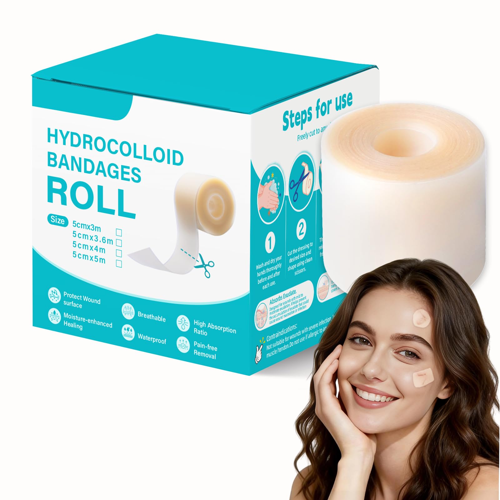 Bxy Quidnunc Hydrocolloid Roll, 5 cm x 1.5m, Geeignet für Akne, Blasen, Schnitte, Schürfwunden Und Wundversorgung, Cut to Measure, Ein Muss In Jeder Hausapotheke. 1 Rolle.