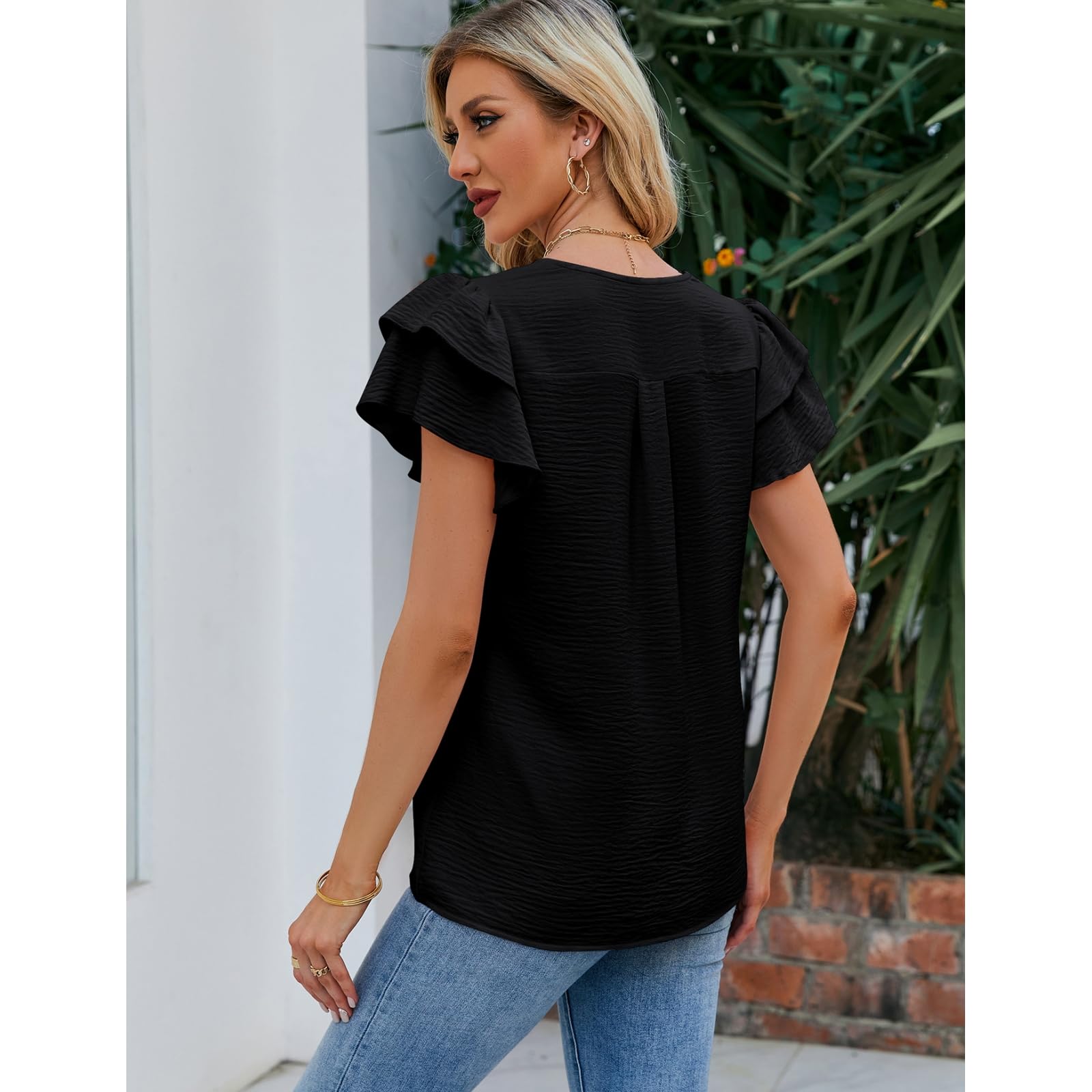 Maniche Lunghe da Donna Camicetta Estiva A Corte in Chiffon con Scollo V E Volant-Nero-m