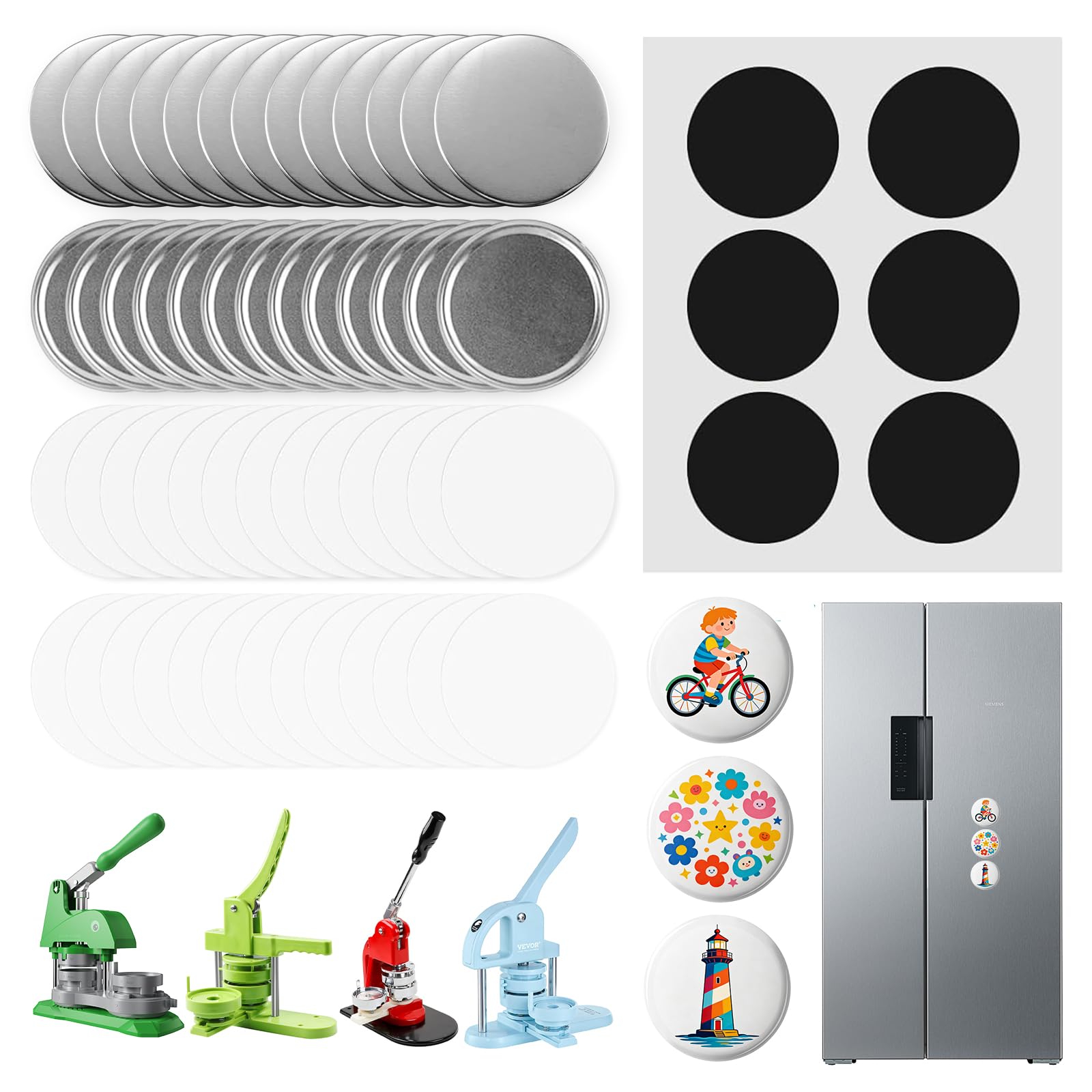 100 Sets Button Maker Supplies 58mm/2.25in，Button Parts for Fridge Magnet Button Maker Machine，Including Metal Cover, Metal Back Cover, Clear Film, Blank Paper, Soft Magnet