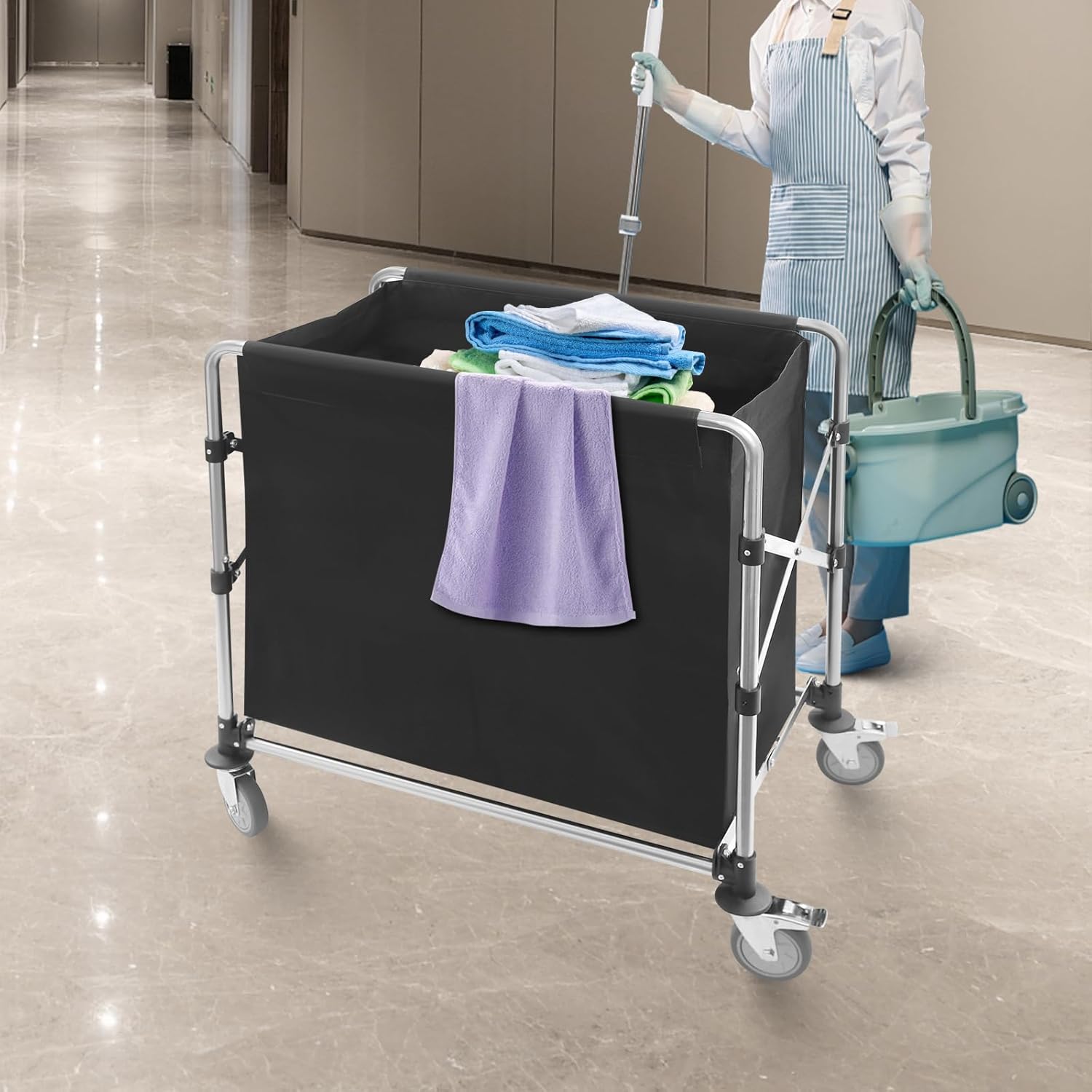 Large Commercial Laundry Cart with Wheels, Collapsible X Cart, Capacity 220LBS Laundry Bin for Hotel/Nursing Home/Home/College Easily Move Supplies/Groceries(Black)