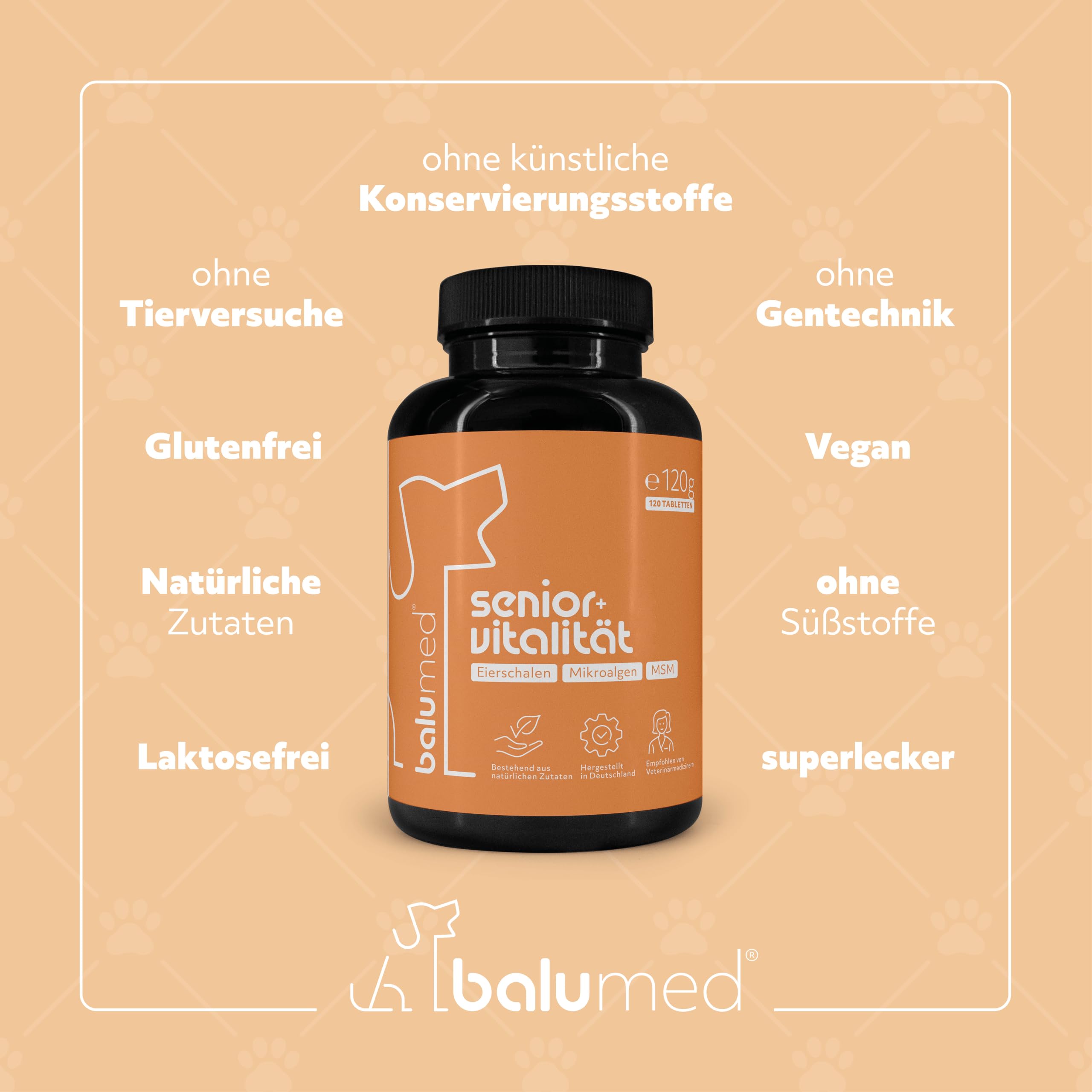 Senior + Vitalität – 120 Tabletten für ältere Hunde – Beweglichkeit, Gelenke & Vitalität – mit MSM, Eierschalen, Mikroalgen, Spirulina & Grünlippmuschel