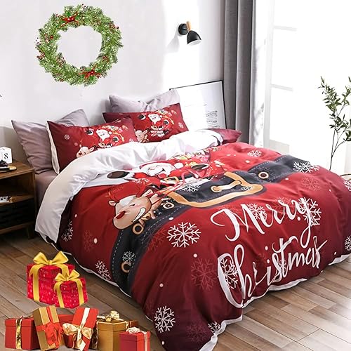 Bildenly Juego de funda de edredón de Navidad, tamaño King, color rojo, Papá Noel, alce, ciervo, copo de nieve, patrón de Feliz Navidad, reversible,