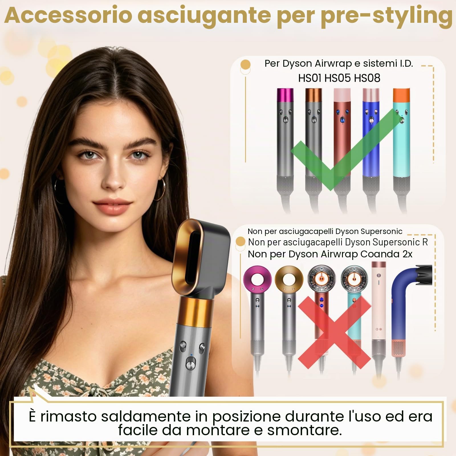 Accessorio per asciugatrice pre-styling per Dyson Airwrap HS01/HS05, ugello di ricambio preformato compatibile con Dyson Air Wrap, parte NO.969759-01 Gold