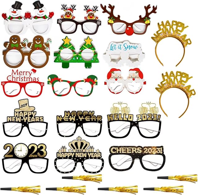 ZSNICEYH 2023 Happy New Year Eve Merry Christmas Party Favors Supplies set 23pcs, 9 pack Christmas Paper Glasses, 6 pack New Year Paper Glasses, 2 pack Glitter Golden Headbands