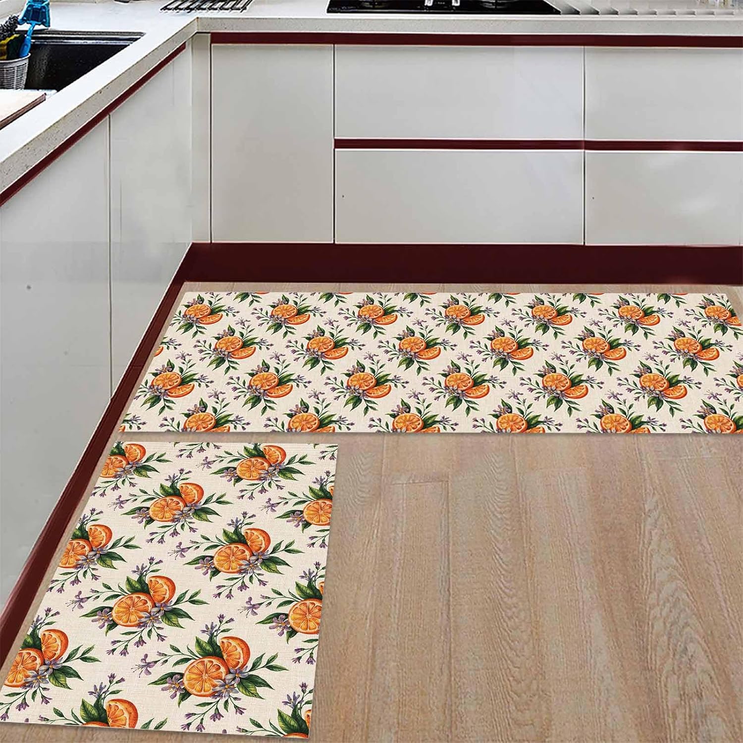 2 Pieces Kitchen Rugs and Mats,Summer Watercolor Lemon Flower Area Runner Rug Set Non Slip Floor Doormat Washable Carpet Standing Mat for Kitchen Sink Indoor Corridor,Farmhouse Fruit on Vintage Linen