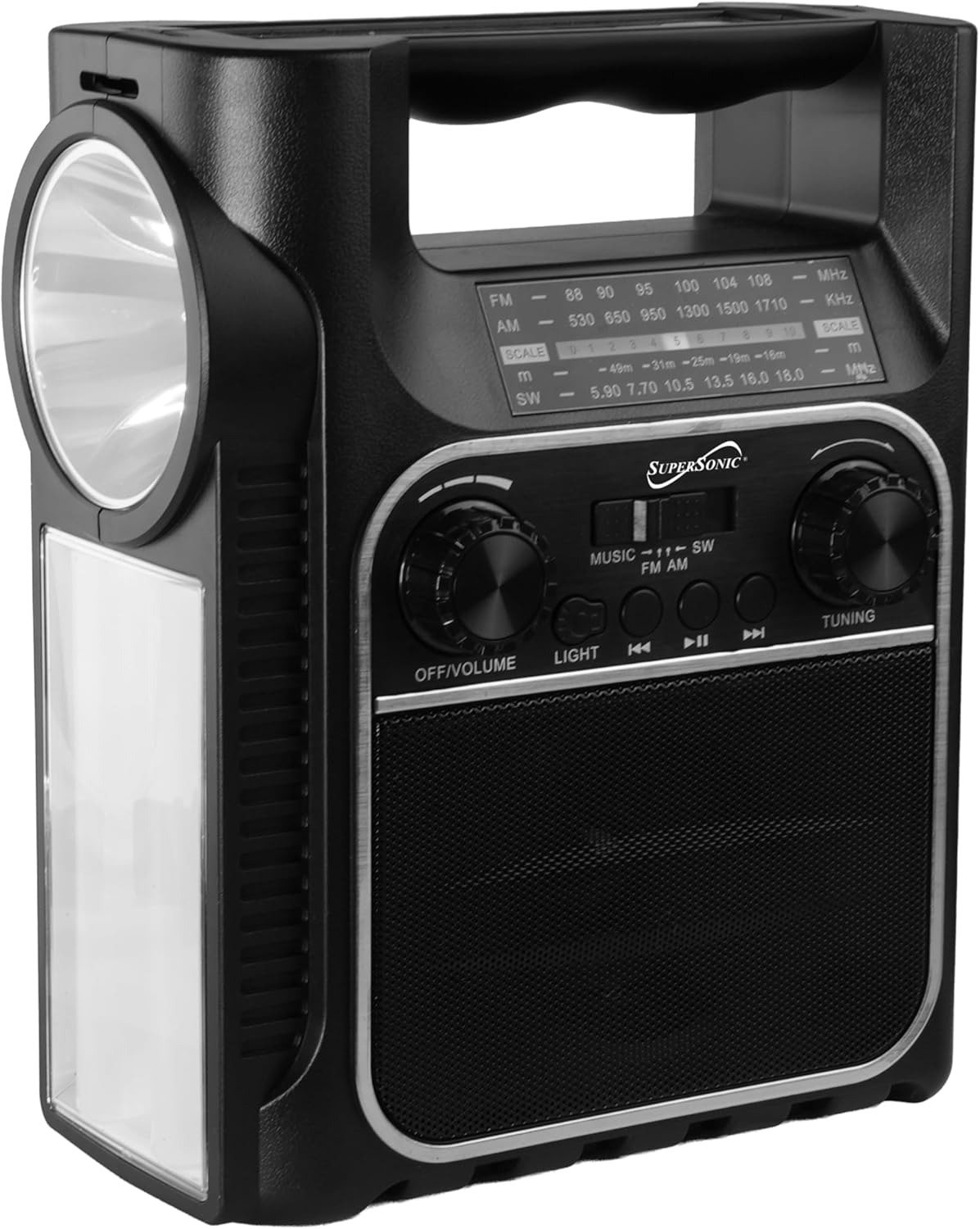 Supersonic SC-1175ER Solar Emergency Radio AM/FM/SW Bluetooth Portable Weather Radio w/Flashlight & Lantern, USB-C Rechargeable + D Battery Backup, USB/Micro SD/AUX, 7W Speaker, Camping & Survival