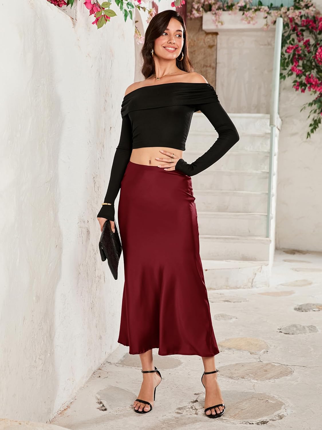 Womens Satin Skirt High Waist Stretchy Elastic Waistband Flowy Elegant Midi Skirts for Work & Casual - Image 5