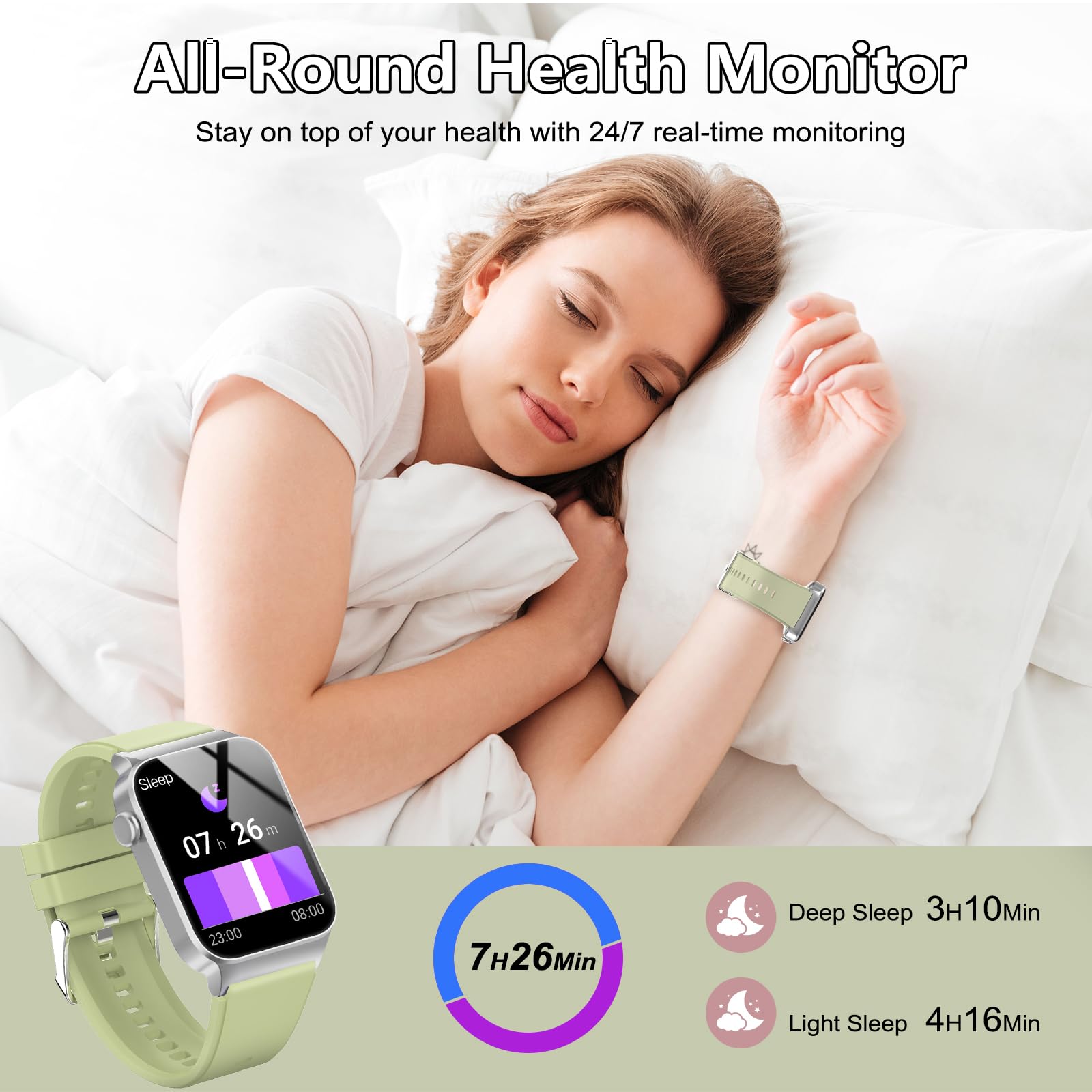 VKROBAG Smartwatch Uomo Donna, 1.85" Orologio Smartwatch con Effettua/Risposta Chiamate, 113 Sportive Smart Watch con Contapassi/Sonno/Cardiofrequenzimetro, Impermeabil IP68 Fitness Tracker, Verde