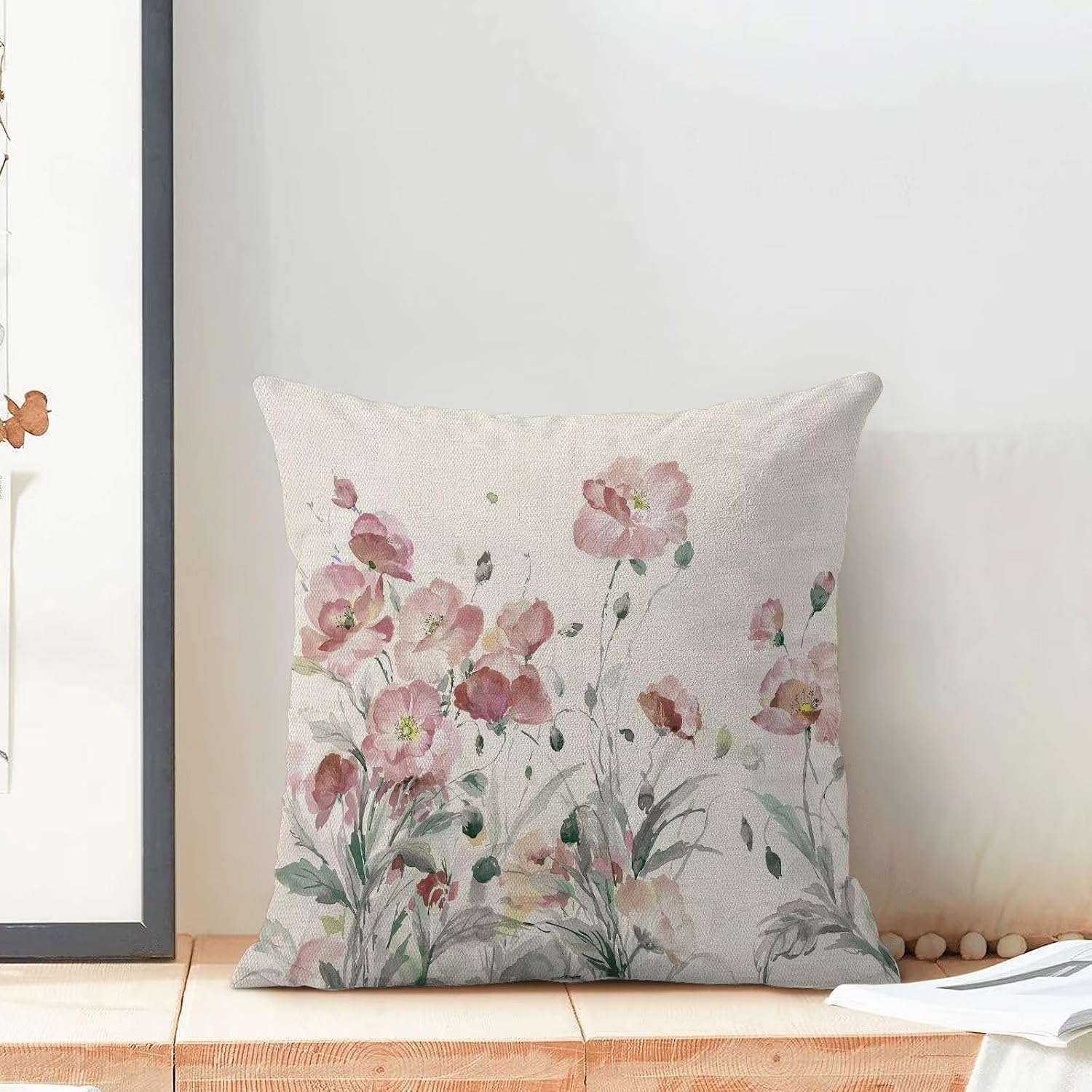 Spring Pink Flower Pillow Covers 18x18 Inch Set of 2, Watercolor Art Flower Outdoor Decorative Natural Pattern Throw Pillows Watercolor Couch Cushion Case for Chair Sofa Bedroom Living Room image 3