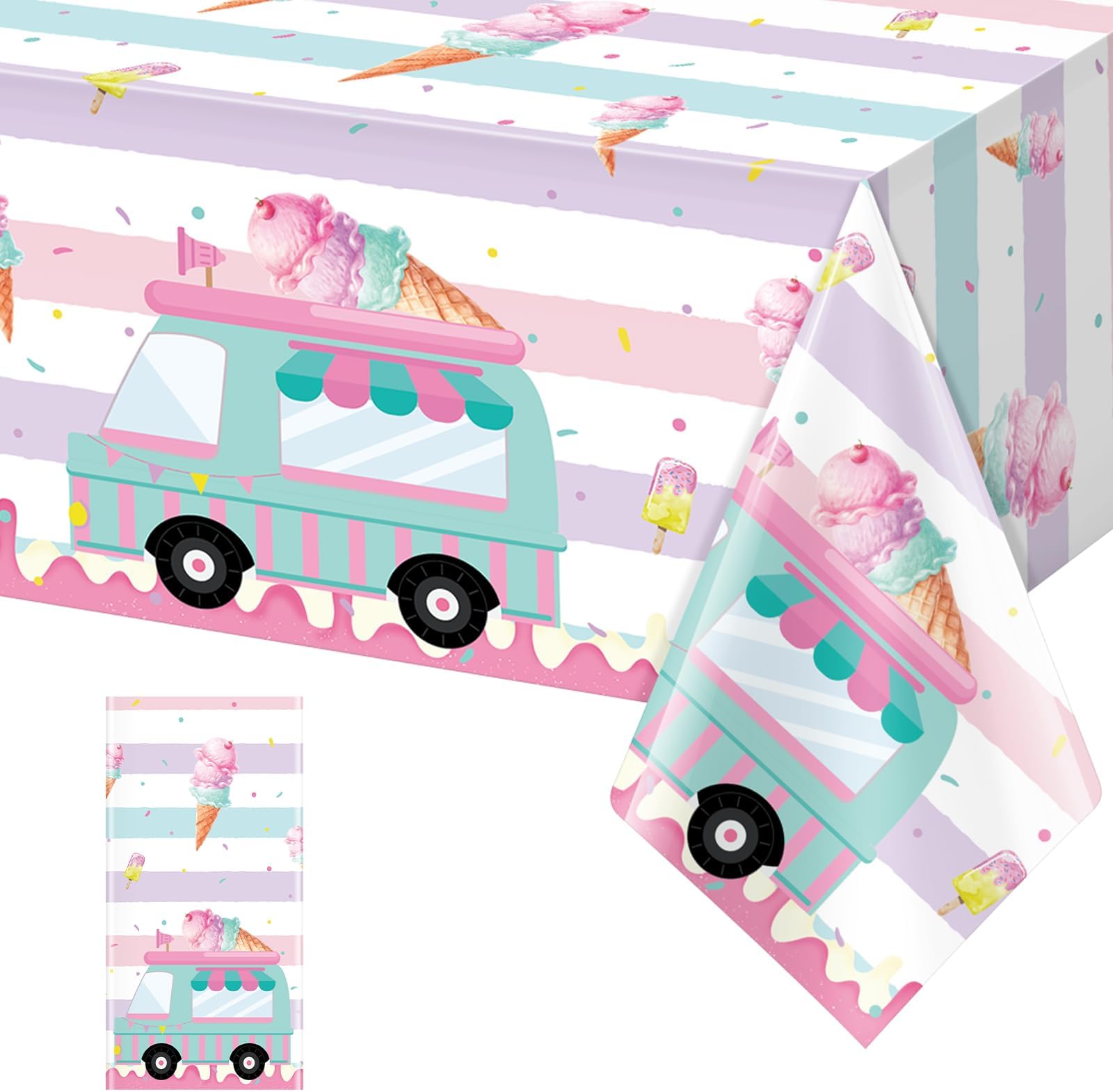 1 Pack Ice Cream Truck Tablecloth Party Decorations, Ice Cream Birthday Plastic Table Cloth Party Supplies, Disposable Rectangle Table Cover for Kids Sweet One Birthday Baby Shower, 54 x 108 Inch