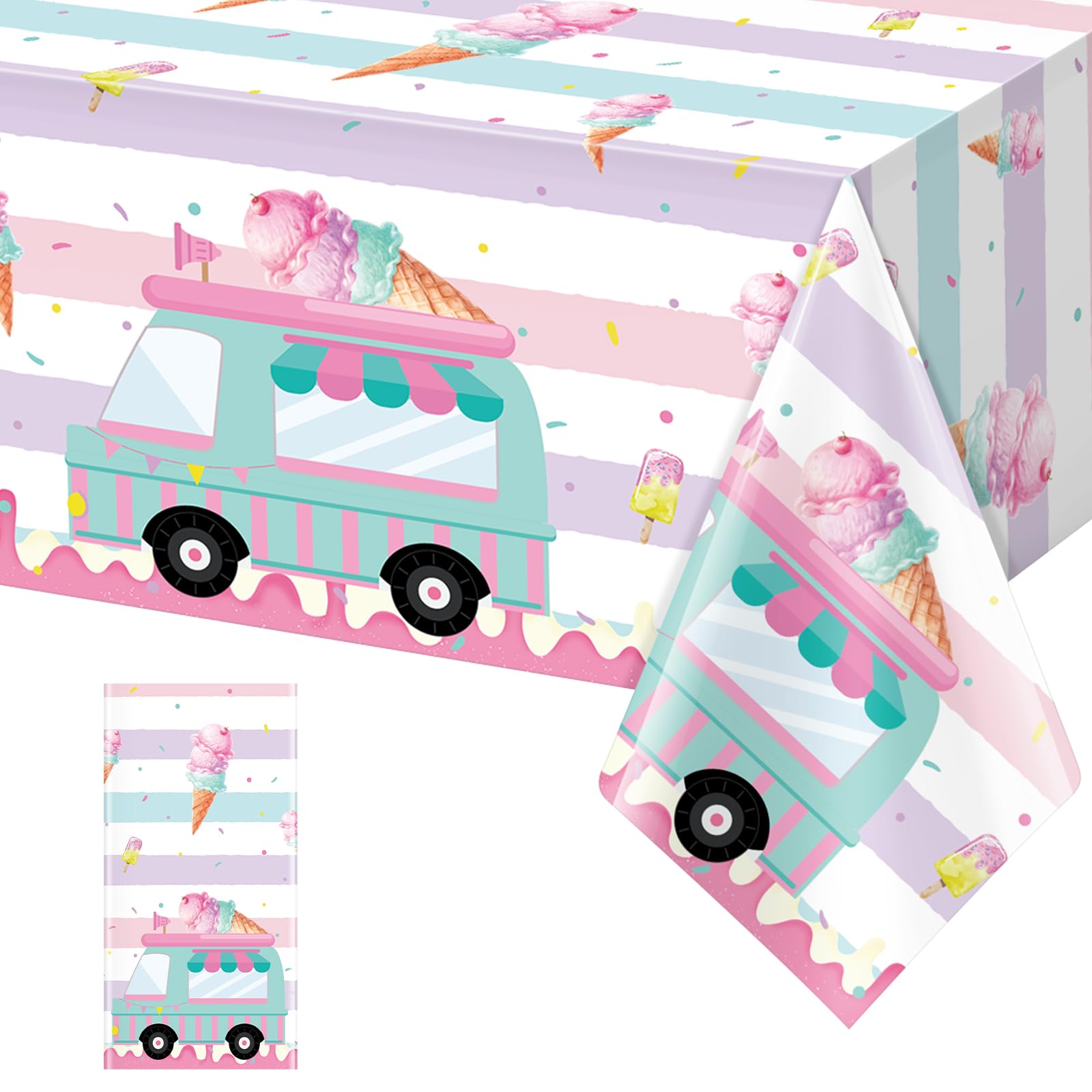 Photo 1 of 1 Pack Ice Cream Truck Tablecloth Party Decorations, Ice Cream Birthday Plastic Table Cloth Party Supplies, Disposable Rectangle Table Cover for Kids Sweet One Birthday Baby Shower, 54 x 108 Inch