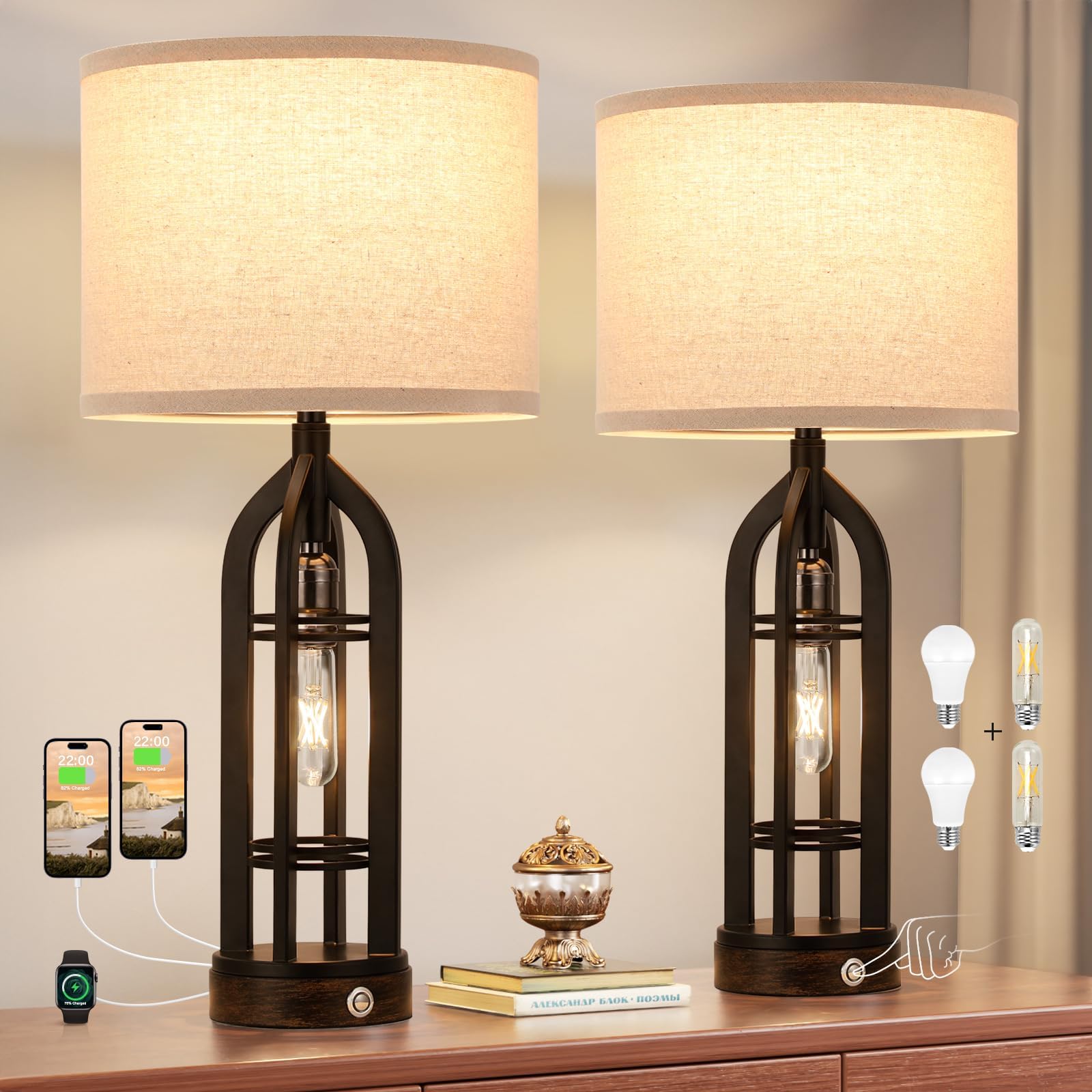 - Table Lamps for Living Room Set of 2 - Black Bedside Lamp for Bedroom with USB C+A & Outlet, Farmhouse Lamps for Night Stands, 3-Way Dimmable Touch Lamps for Living Room with Oat Shade