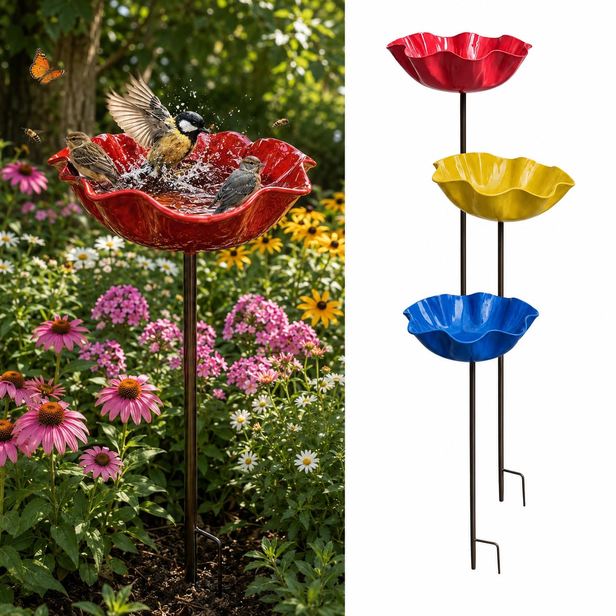 3Pcs Metal Flowers Bird Bath with Stake for Garden, 2026 New Big Flower-Shaped Birdbath Bowl Watering Feeder Station for Garden, Handmade Colourful Bee Drinking Cups, Weatherproof Outdoor Yard Decor