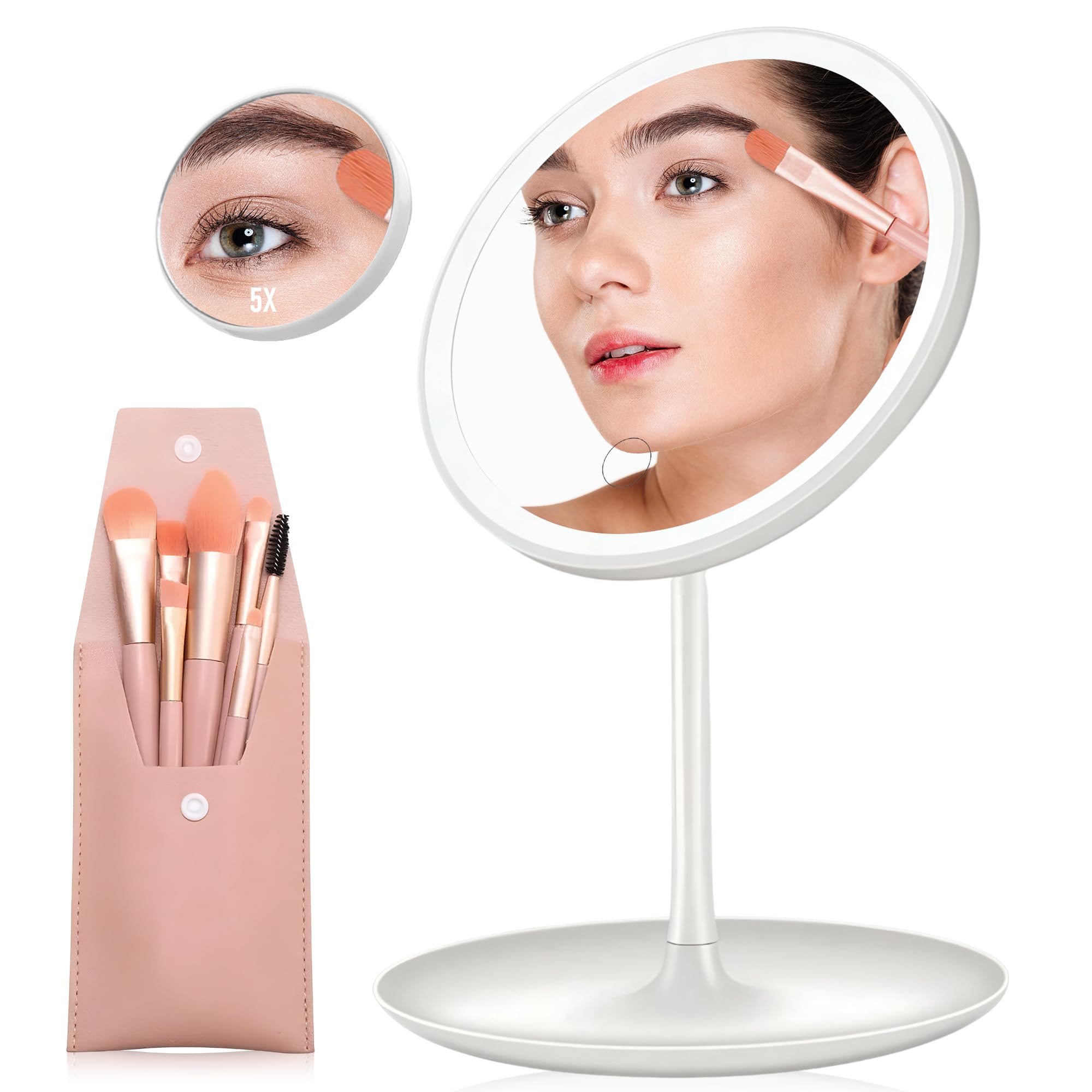 Three Stars | Espejo de Maquillaje con luz Led Recargable | Regalo: Set de 8 brochas | Encendido y regulación del Brillo táctil | 3 Colores de luz | Aumento X1/X5 | Rotación 180°