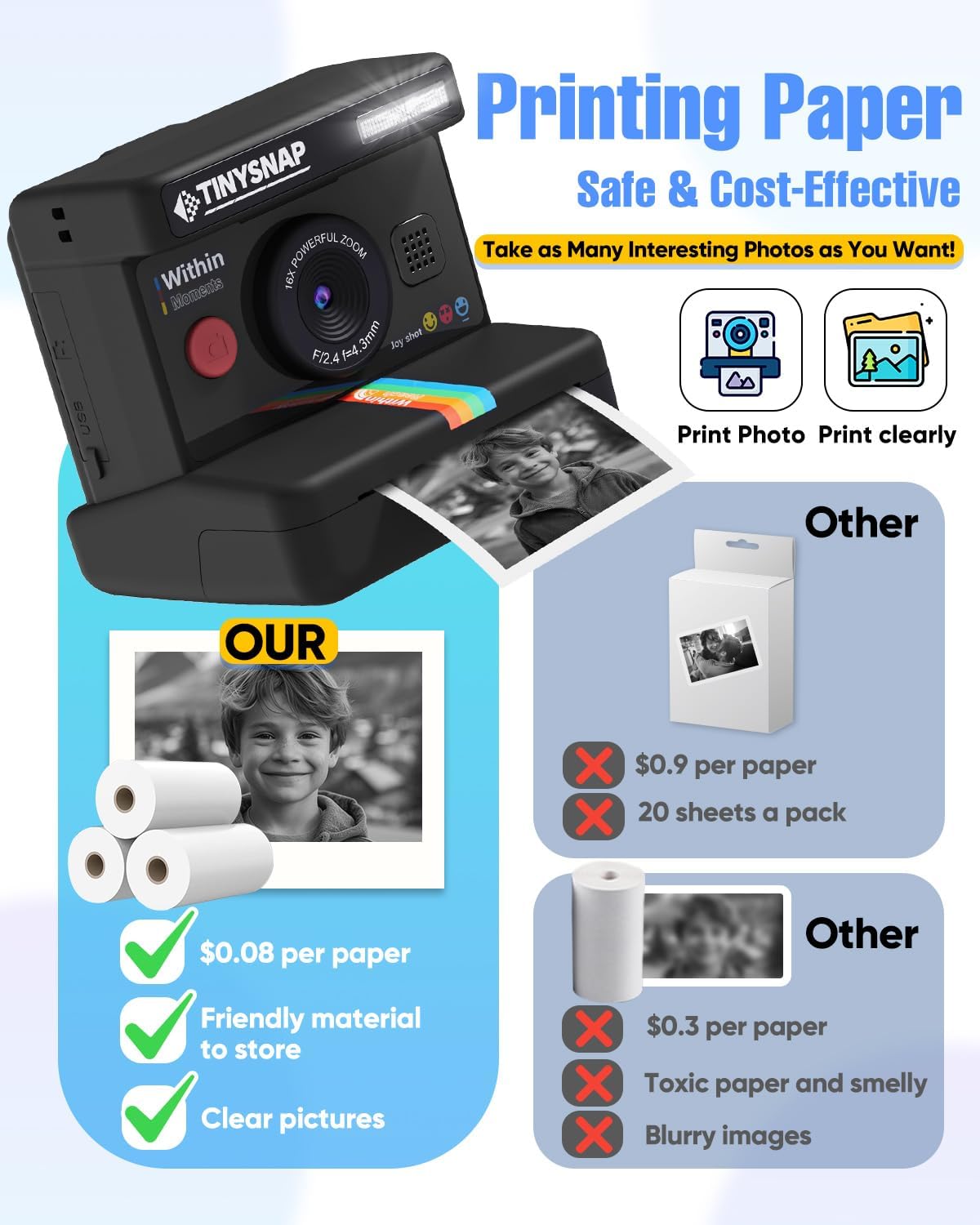 Instant Print Camera for Kids,Dual Len Kids Cameras with 2.4 Inch Screen, Christmas Birthday Gifts for Girls Age 3-12, Portable Toddler Toy for 3 4 5 6 7 8 9 10 Year Old Girls Boys (Black) - Image 5