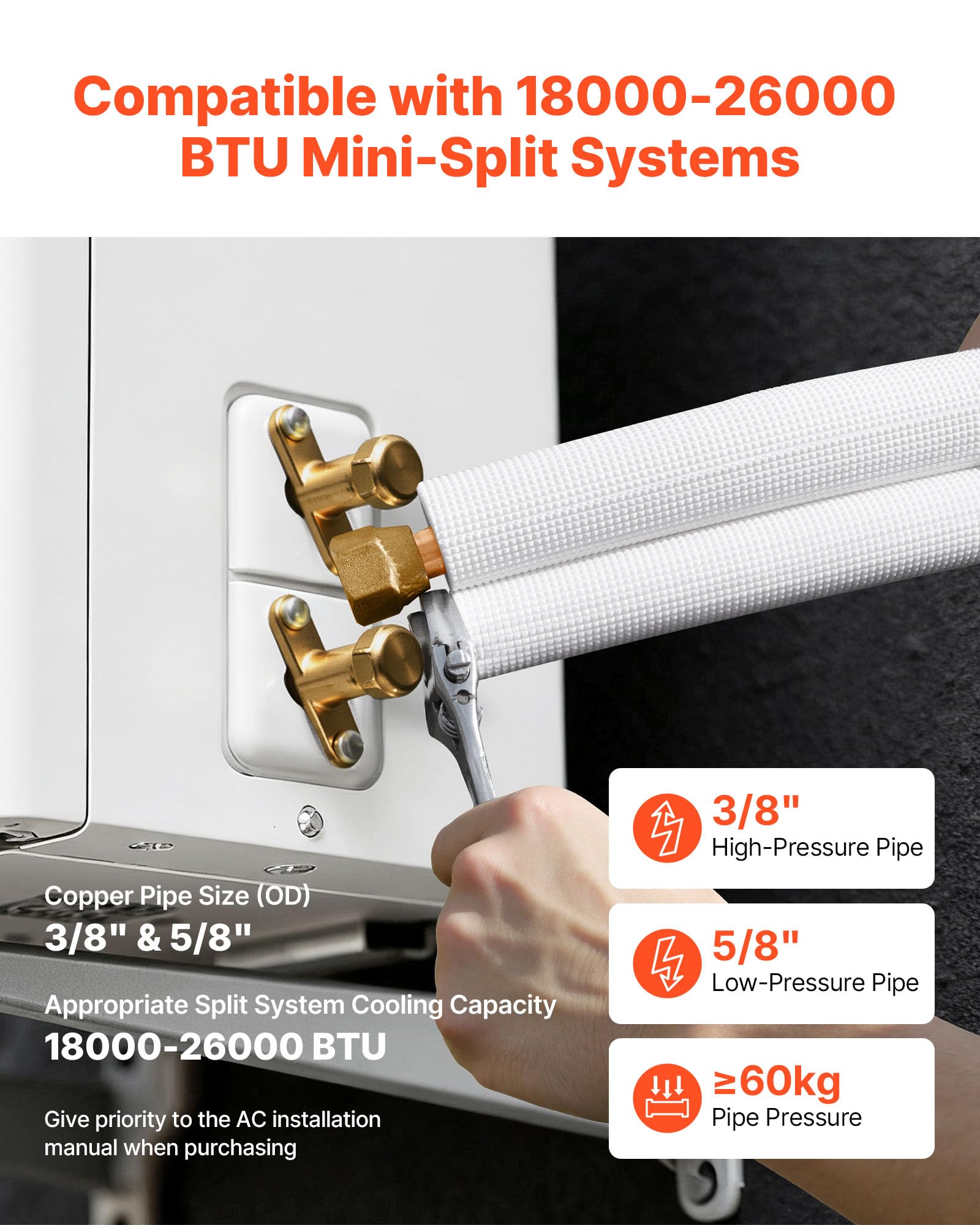 VEVOR Conducto Refrigerante de Cobre Largo de 30,48 m, Tubo de Cobre Aislado Diámetro Exterior 9,5 mm y 15,9 mm, para Sistema de Mini-split de Aire Acondicionado, Tubo de Bobina Aislante de PE