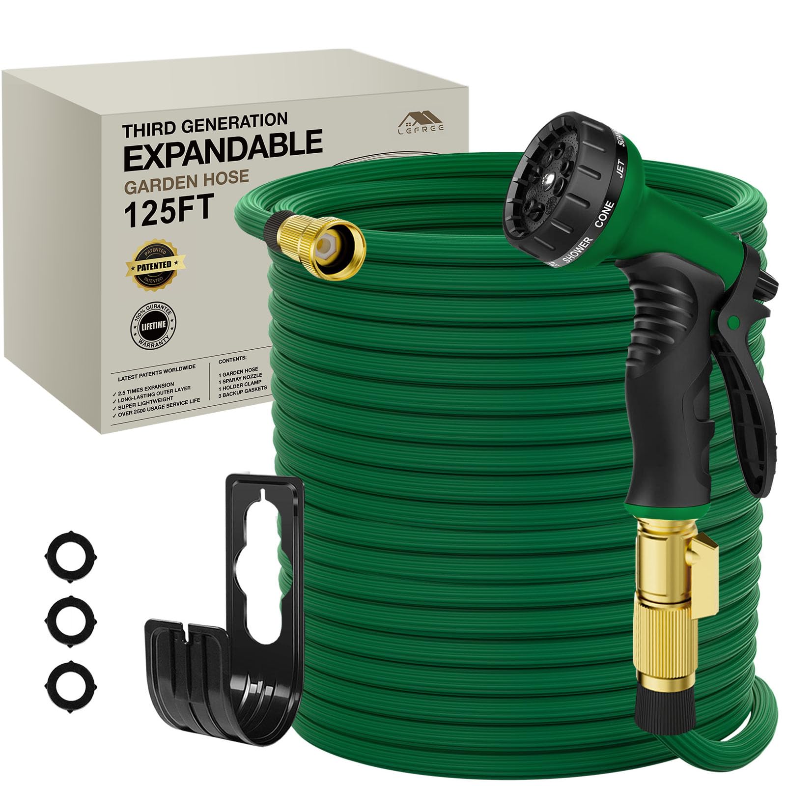 Lefree Garden Hose 125ft, Expandable Garden Hose Leak-Proof with 40 Layers of Innovative Nano Rubber,2024 Version/New Patented, Lightweight, No-Kink Flexible Water Hose (Green)